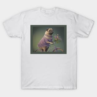 Pug Dog Lavender Dress on Bicycle T-Shirt